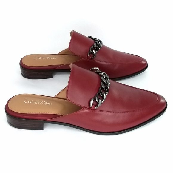Calvin Klein Frieda Mule In Cherry Red Leather Metallic Chain Detail - Picture 6 of 9